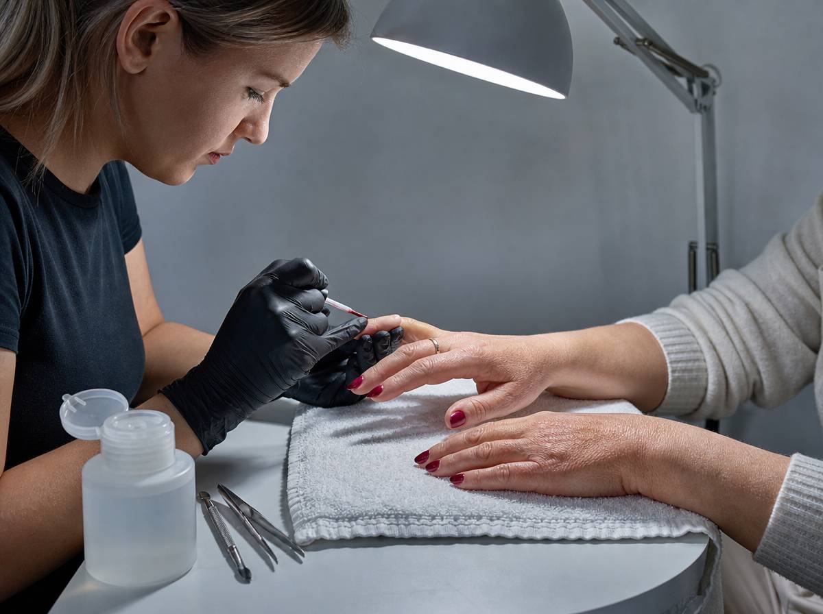 Manicure hybrydowy wykonywany klientce w domowym gabinecie kosmetycznym