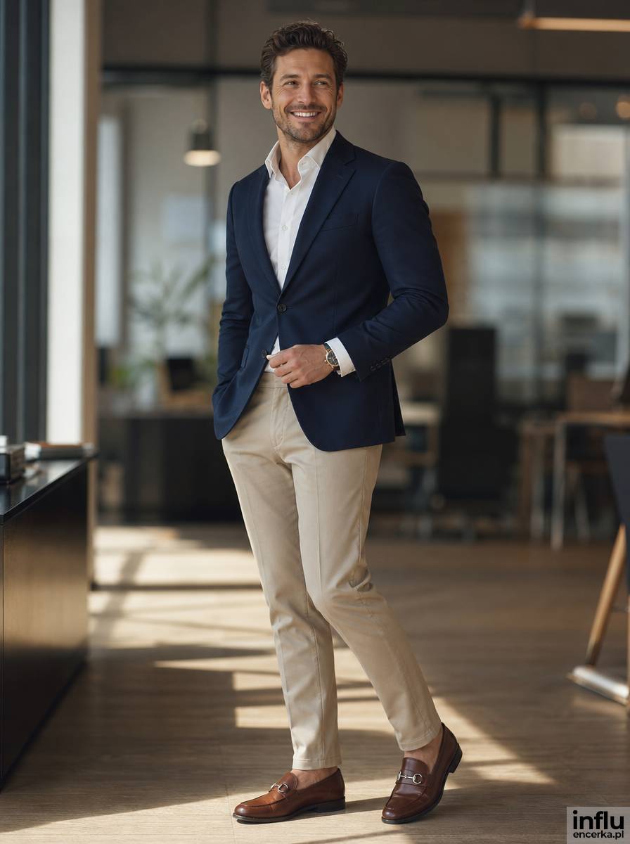 Męska stylizacja business casual - marynarka, chinosy i loafersy