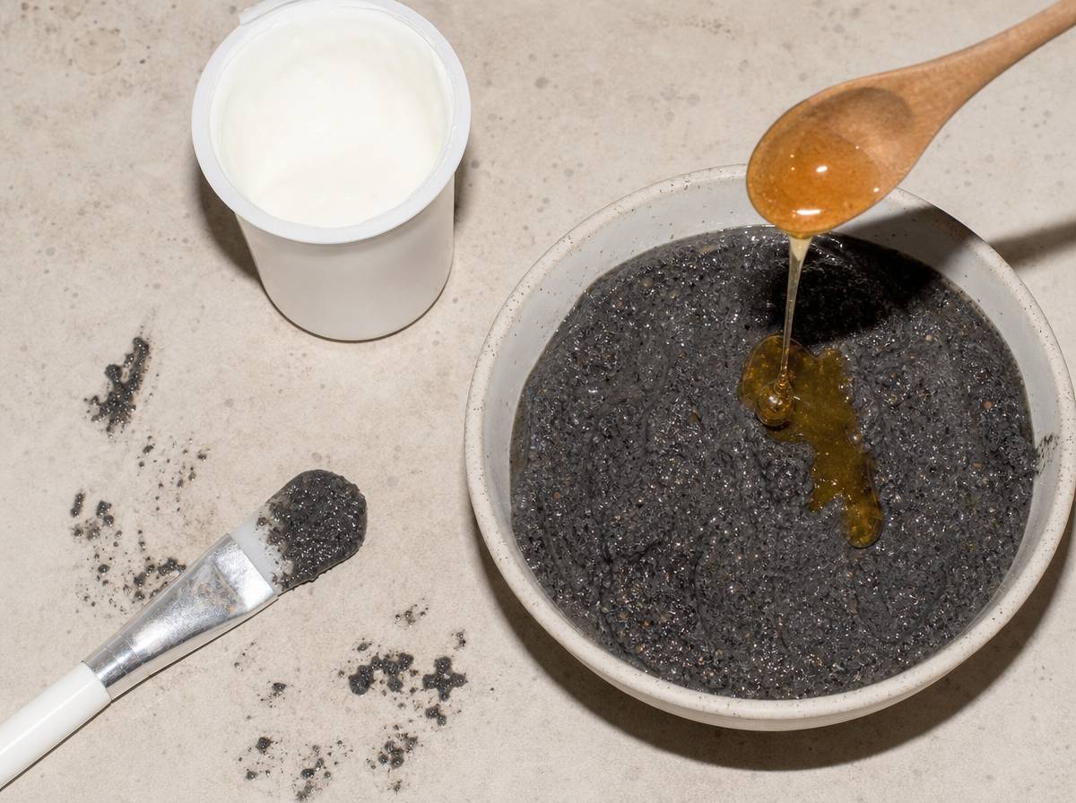 Maseczka z mielonego czarnego sezamu, jogurtu i miodu w ceramicznej misce