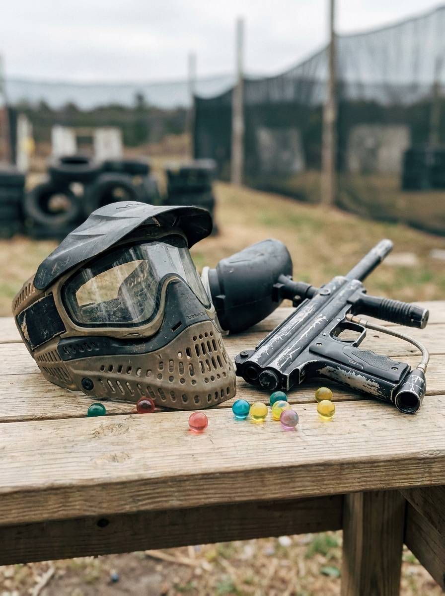 Maska i marker do paintballu na ławce przy strzelnicy