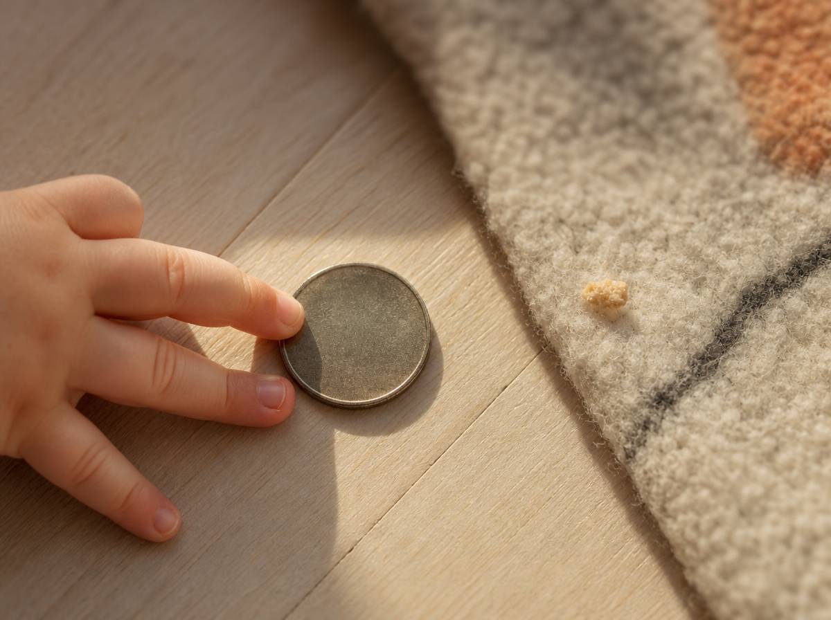 Metalowa moneta na podłodze, dziecko dotyka jej podczas wróżby na roczek