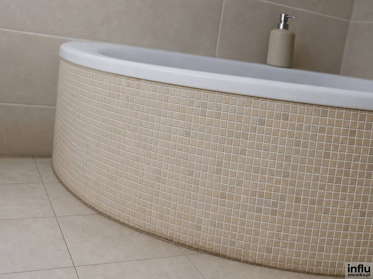 Zaokrąglona zabudowa wanny narożnej obłożona drobną mozaiką ceramiczną