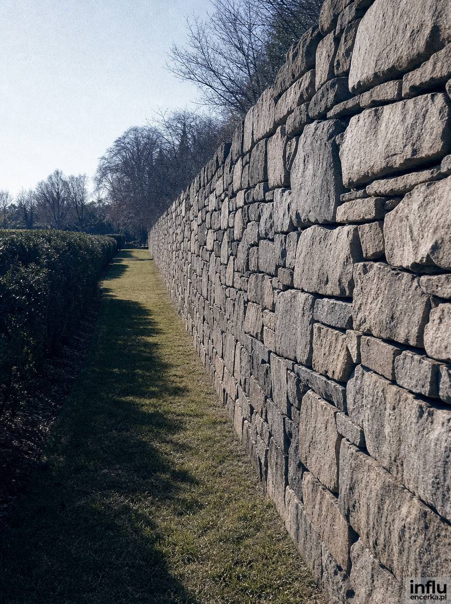 Długi mur graniczny wykonany z nieregularnych bloków kamienia polnego