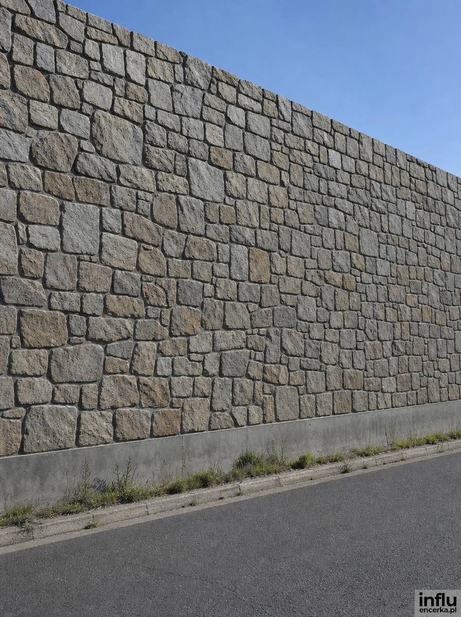 Pełny mur ogrodzeniowy z kamienia naturalnego zasłaniający posesję