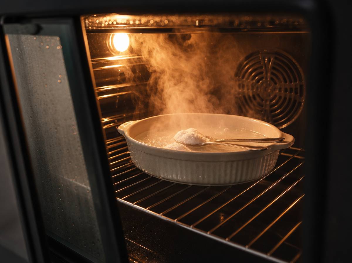 Para wodna z sodą unosi się w naczyniu żaroodpornym podczas czyszczenia piekarnika