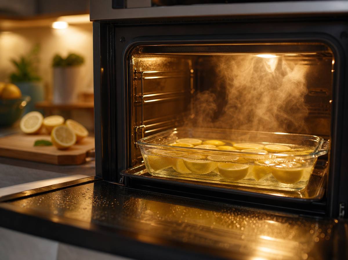 Naczynie żaroodporne z sokiem z cytryny paruje we wnętrzu piekarnika