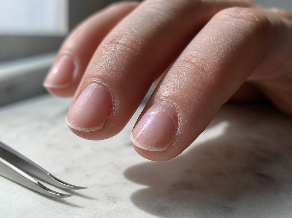 Paznokcie z naklejką ochronną nałożoną przed stylizacją hybrydową