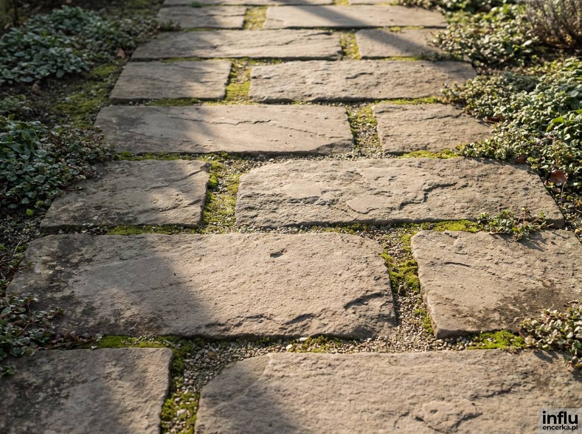 Ścieżka nobedan z nieregularnych kamiennych płyt w ogrodzie japońskim