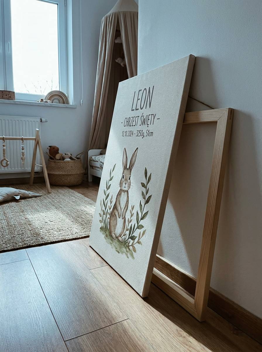 Obraz na płótnie z metryczką jako dekoracyjna pamiątka chrztu wnuka