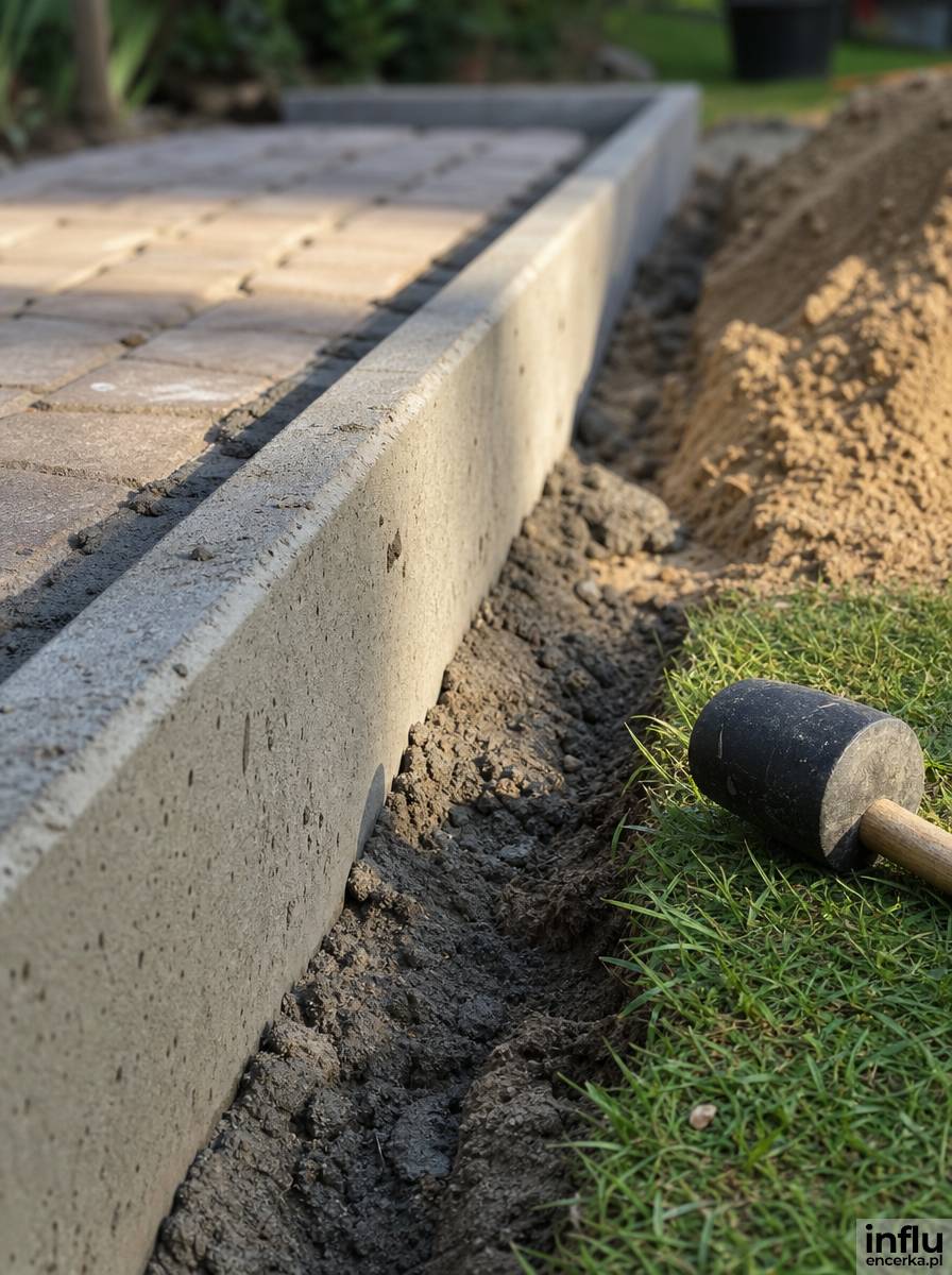 Betonowe obrzeże krawężnikowe montowane wzdłuż kostki brukowej