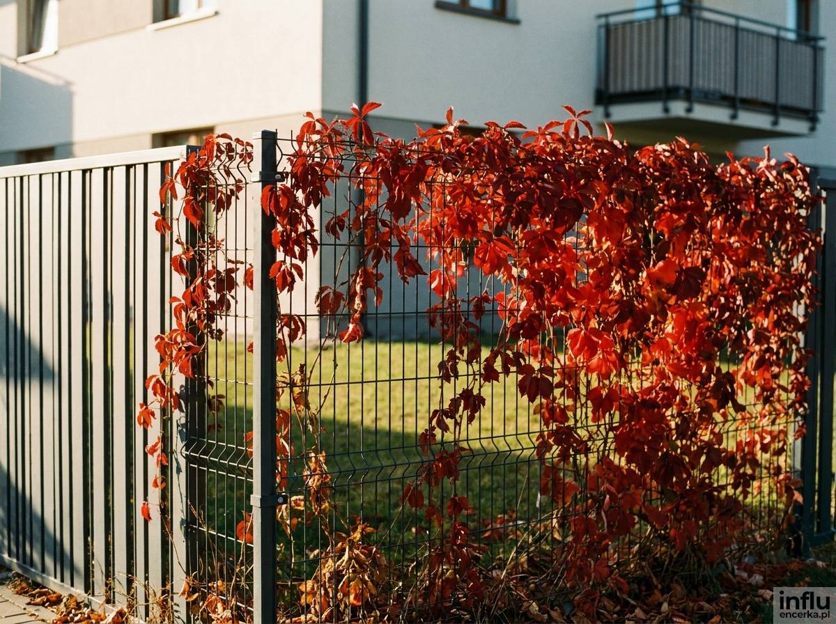 Ogrodzenie panelowe obrośnięte pnączem winobluszczu przy ogródku