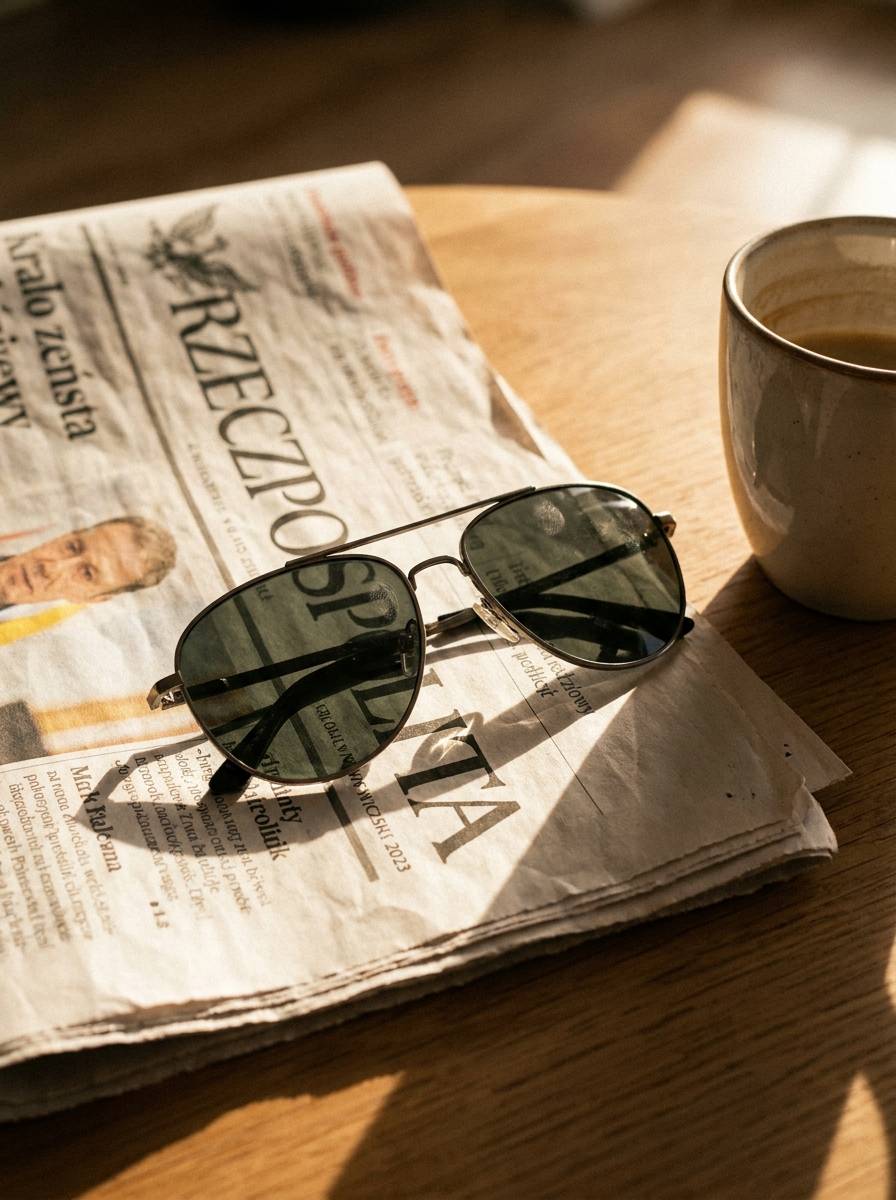 Okulary przeciwsłoneczne z metalową ramką na stoliku kawowym