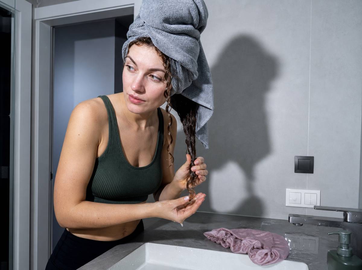 Wcieranie oleju w wilgotne loki po odciśnięciu ręcznikiem z mikrofibry, olejowanie na mokro