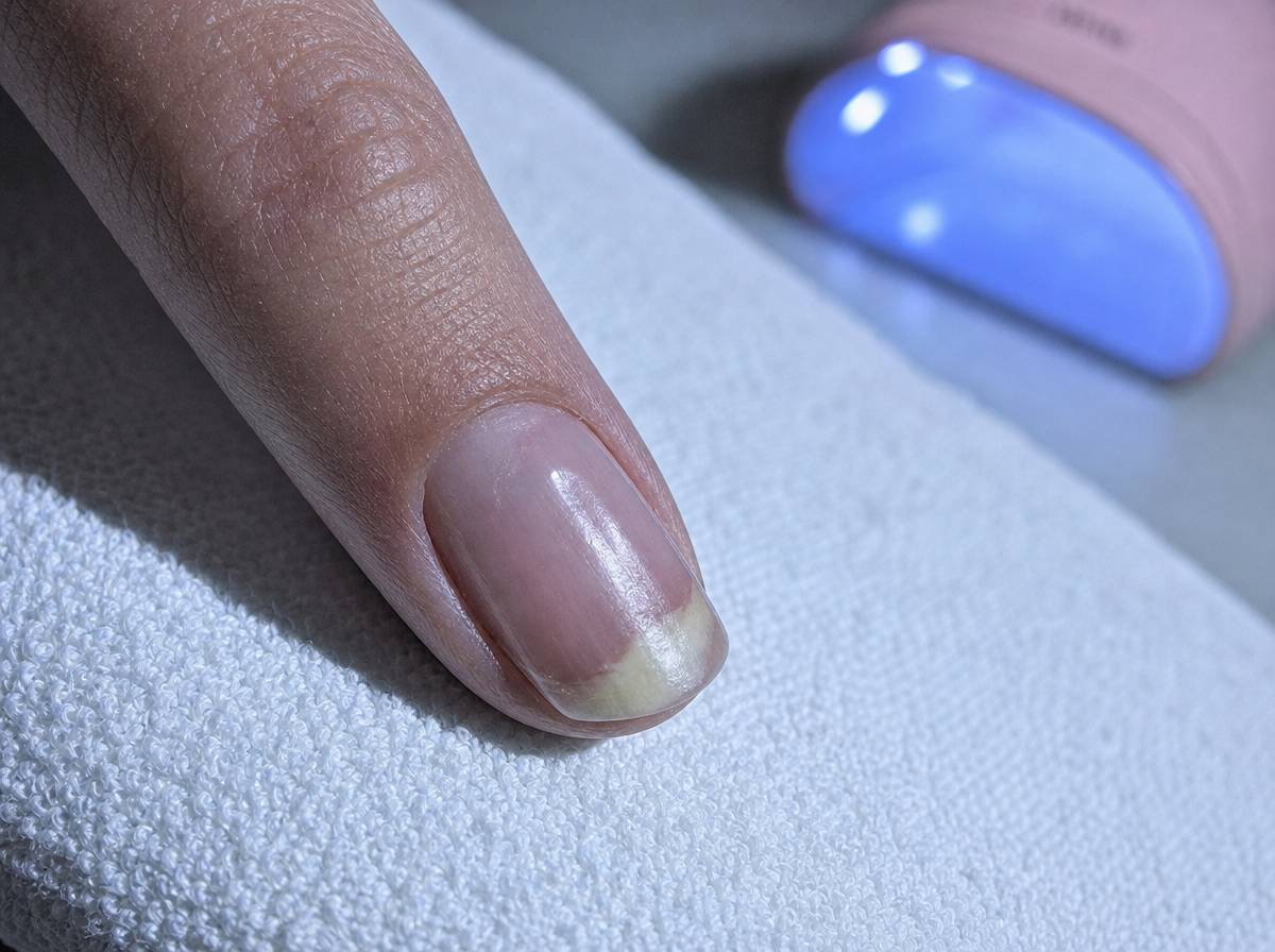 Zbliżenie paznokcia z onycholizą, jasna plama wskazująca oddzielenie płytki od łożyska