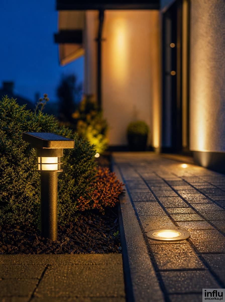 Lampa najazdowa i słupek solarny oświetlające chodnik o zmierzchu