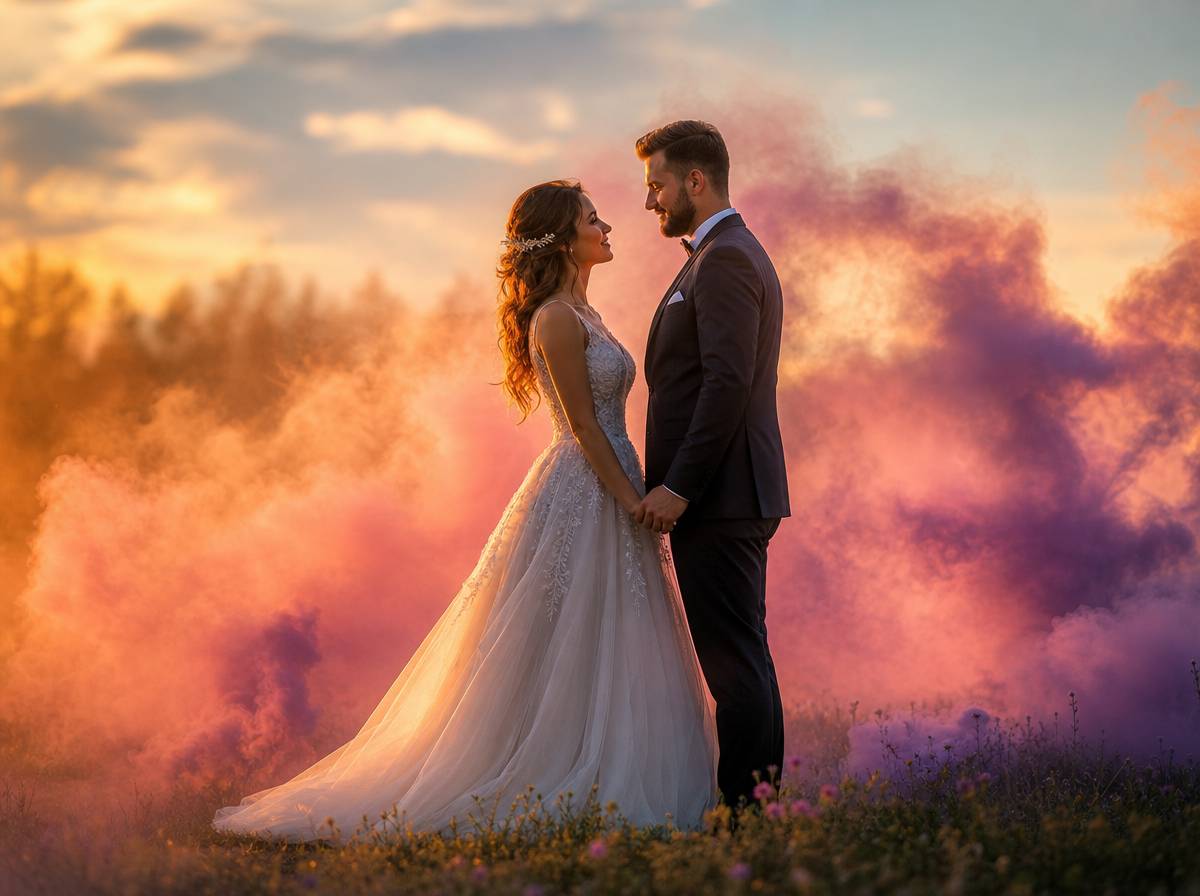 Para młoda pozuje w kolorowym dymie podczas sesji plenerowej