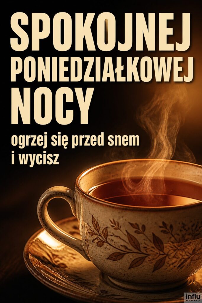 Parująca filiżanka herbaty w ciepłym świetle z napisem „SPOKOJNEJ PONIEDZIAŁKOWEJ NOCY”.