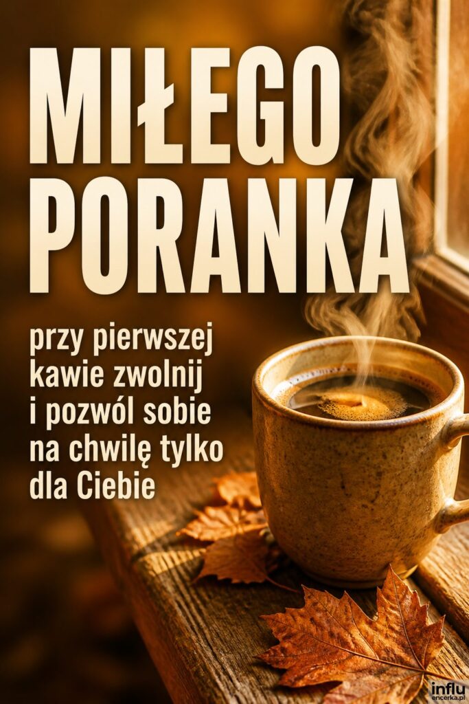 Parujący kubek kawy na parapecie z liśćmi i napisem „MIŁEGO PORANKA” w ciepłym świetle.
