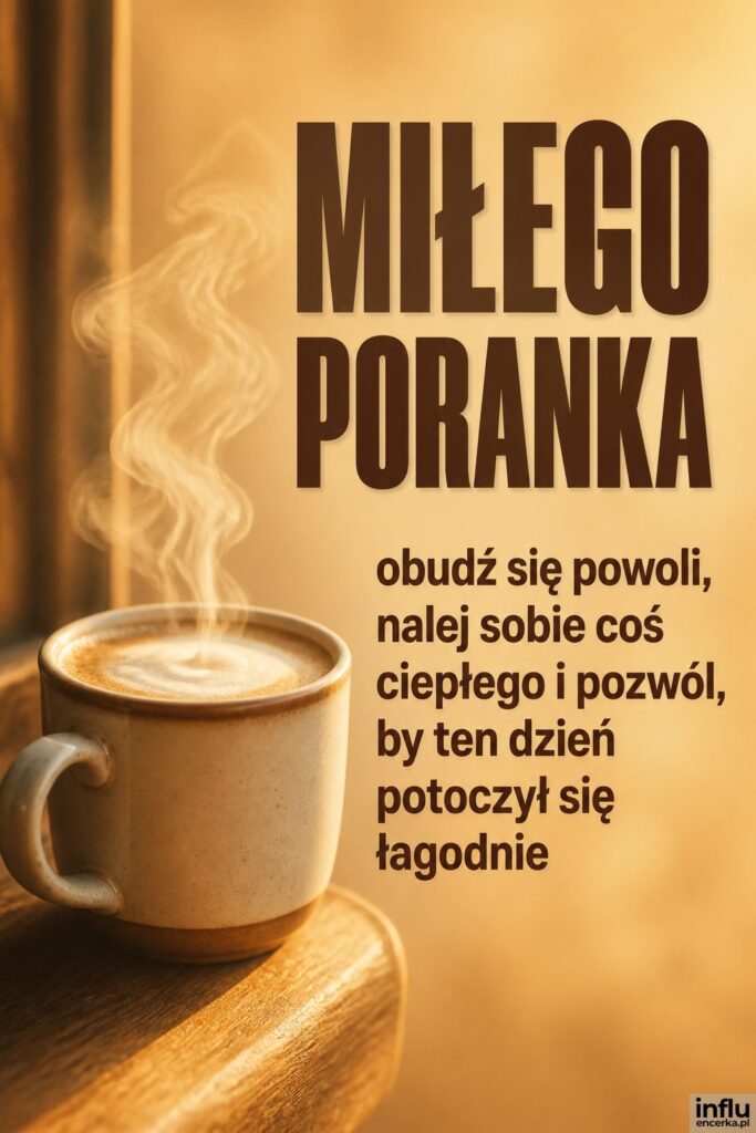 Parujący kubek kawy na drewnianym parapecie w ciepłym świetle z napisem „MIŁEGO PORANKA”.