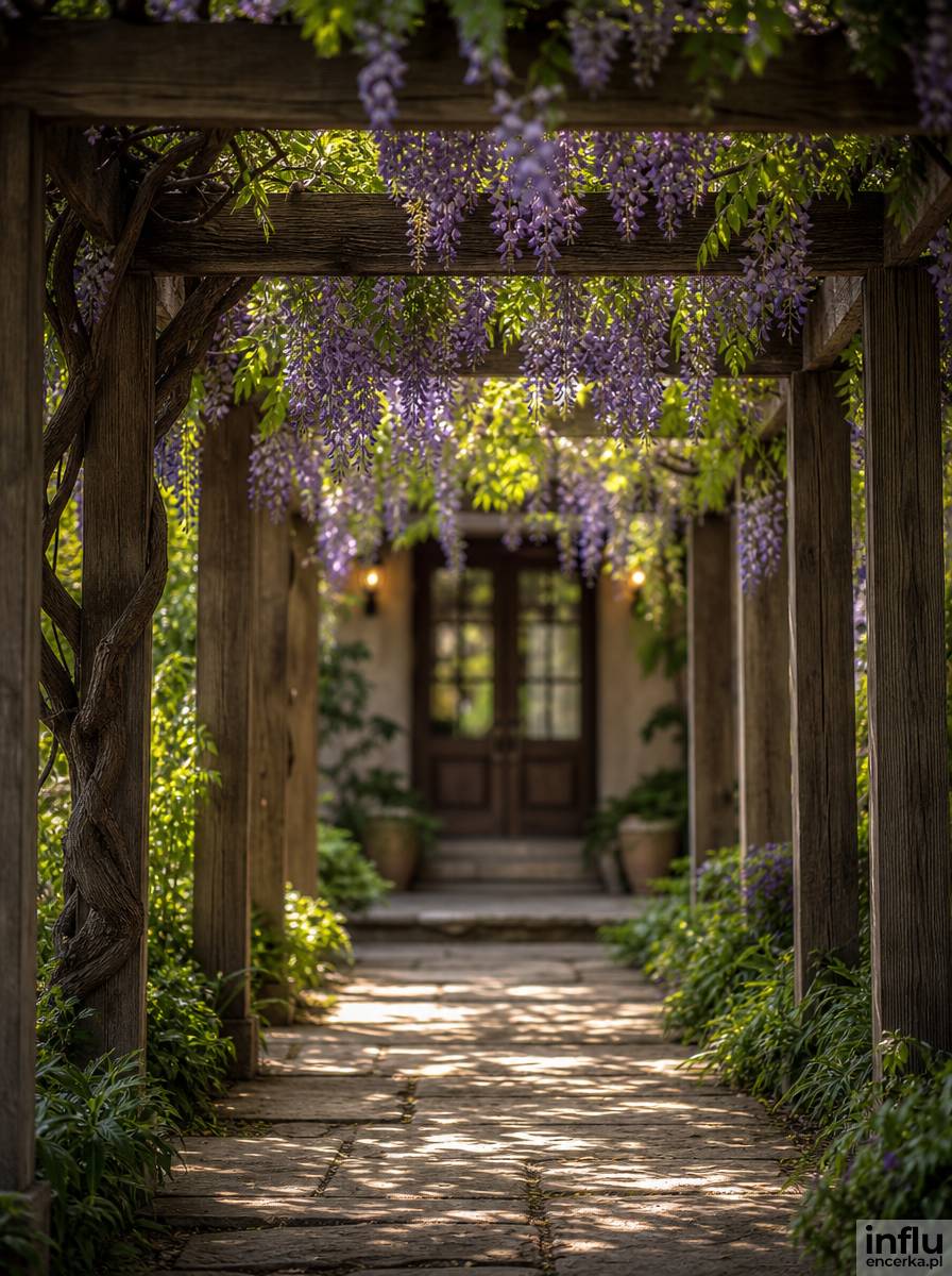 Drewniana pergola z wisterią nad ścieżką prowadzącą do wejścia