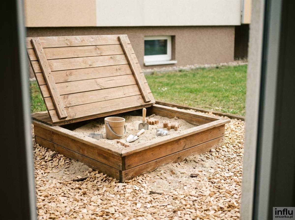 Piaskownica dla dzieci w ogródku przy bloku pod oknem