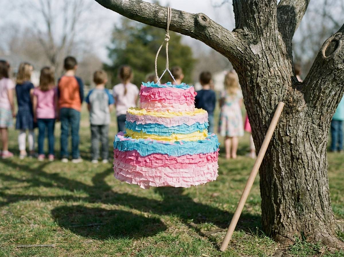 Piniata w kształcie tortu zawieszona na drzewie podczas wesela