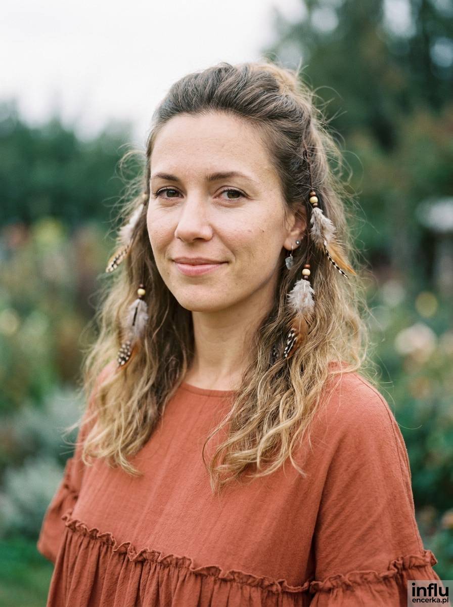 Fryzura boho z piórkami i koralikami w stylu hippie na wesele