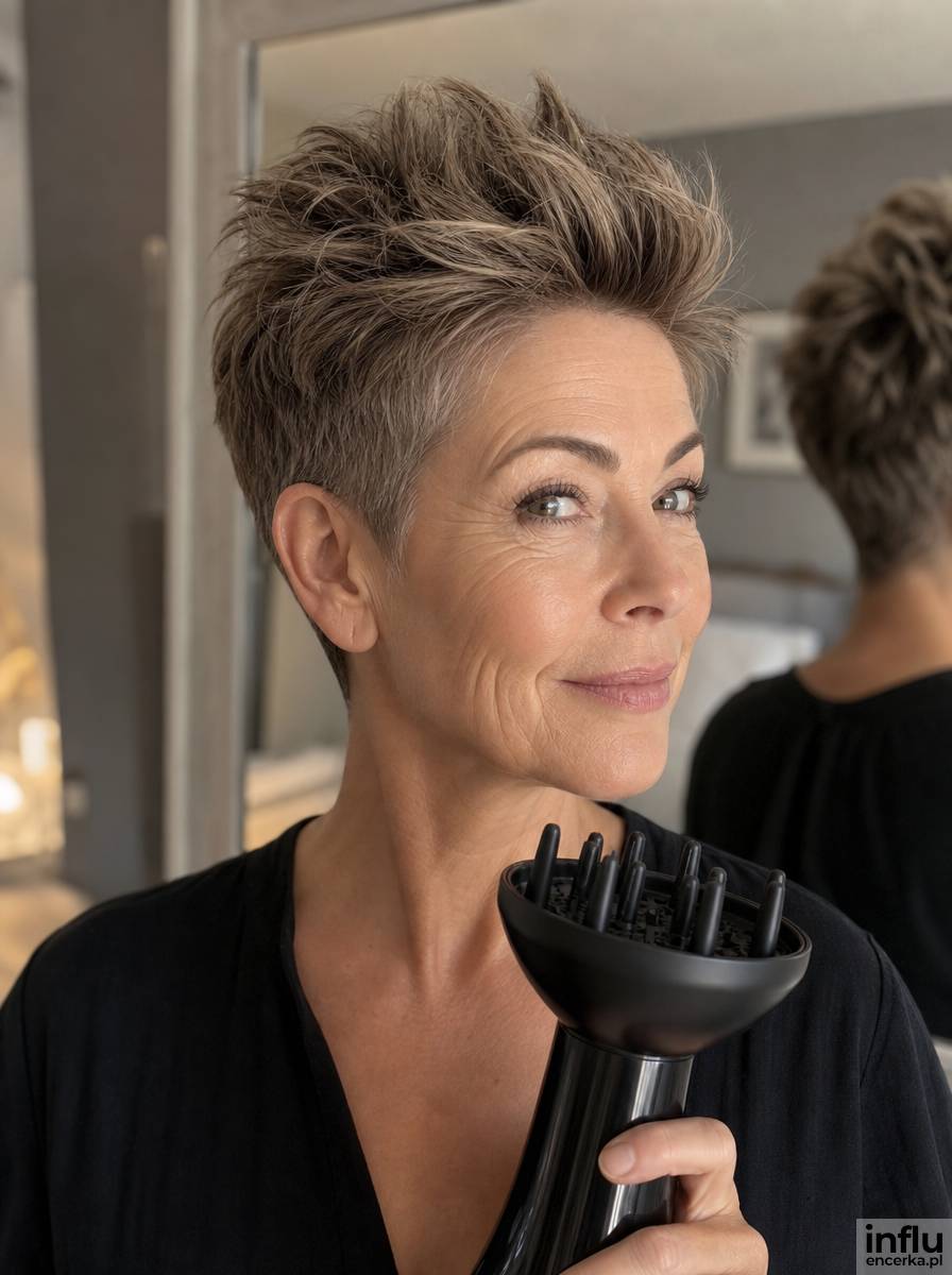 Pixie cut w odświętnej wersji z uniesioną objętością u nasady
