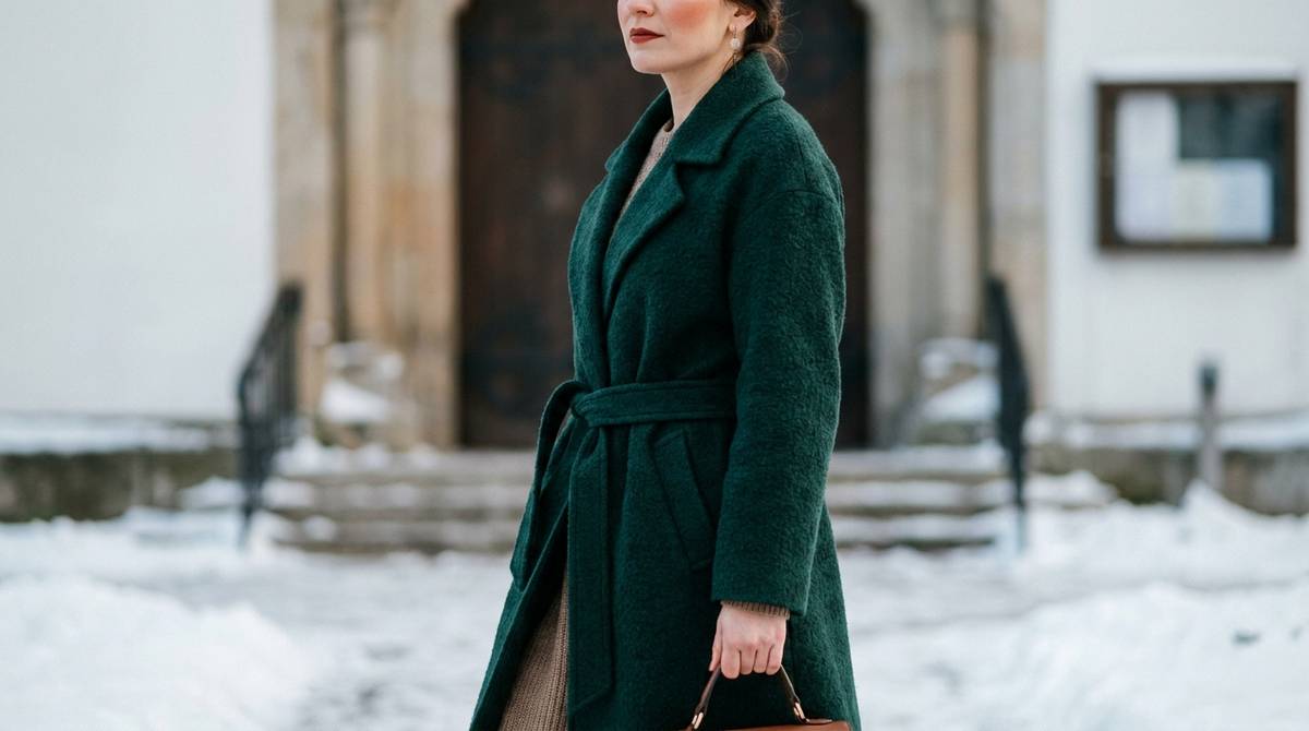 Stylizacja na chrzciny zimą - płaszcz w kolorze butelkowej zieleni i elegancka sukienka