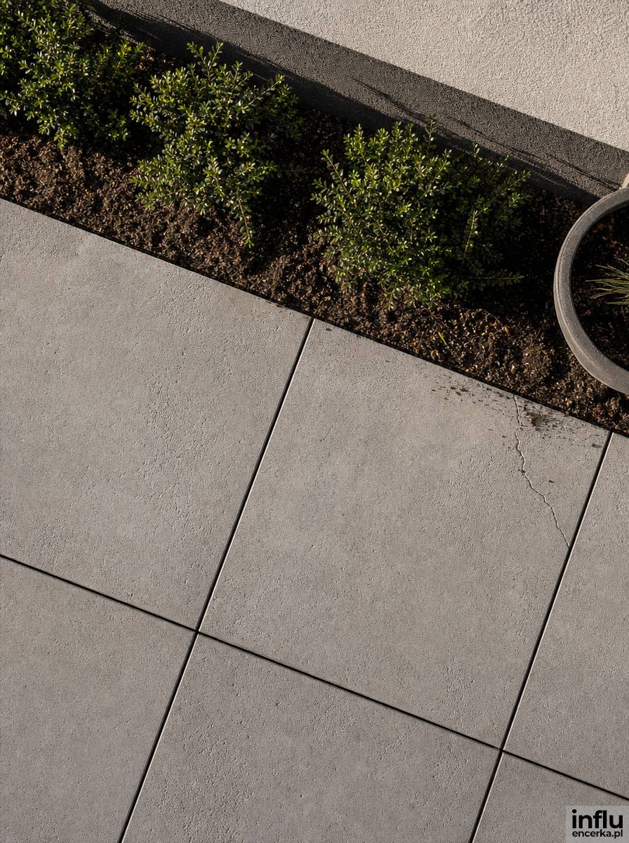 Wielkoformatowe płyty betonowe 60x60 cm z wąskimi fugami na chodniku