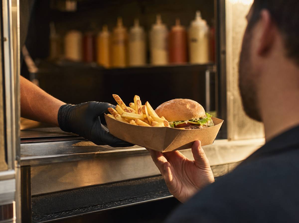 Podawanie jedzenia przez okienko food trucka na weselu