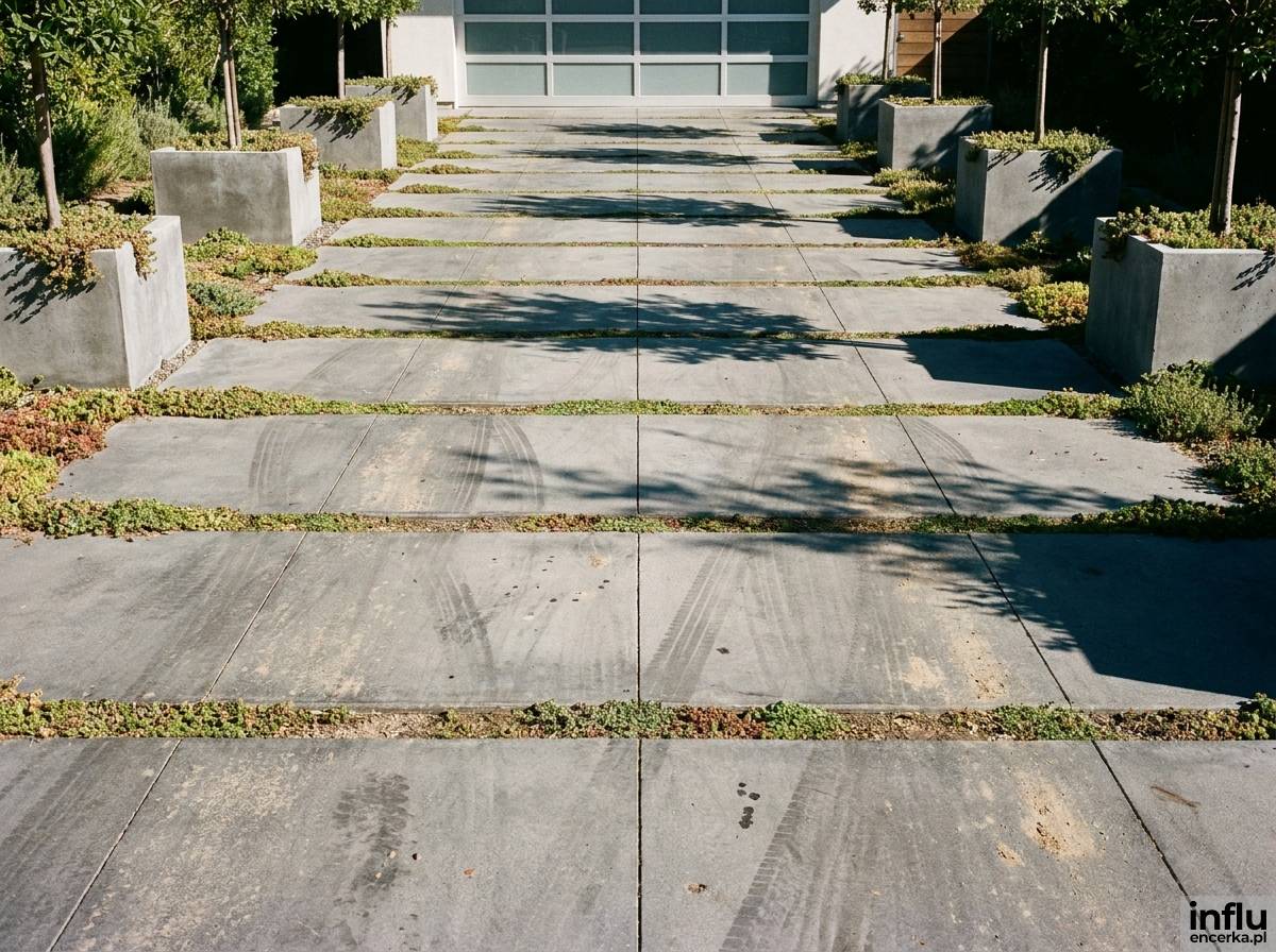 Podjazd z betonowych płyt i donicami w strefie frontowej nowoczesnego ogrodu