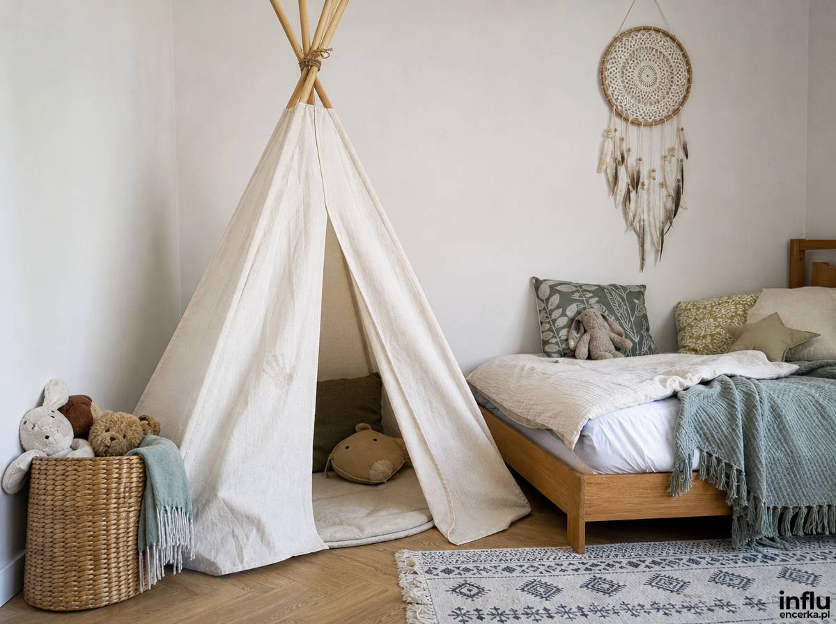 Bawełniane tipi i łapacz snów w pokoju dziecięcym w stylu boho