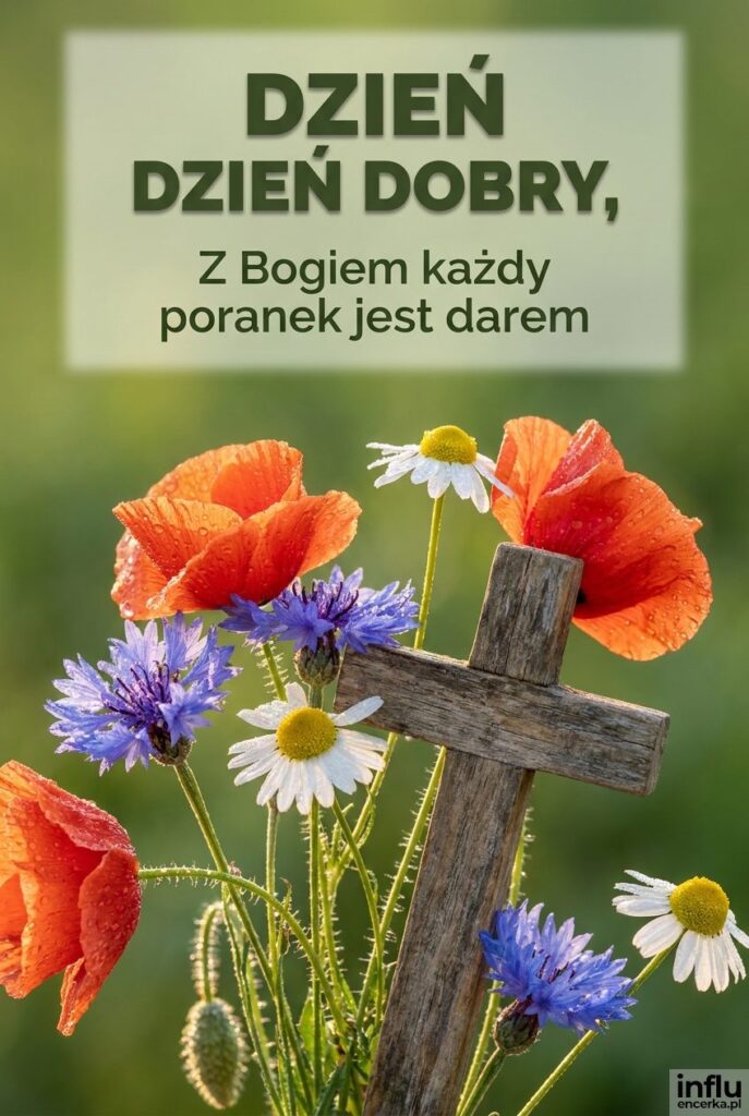 Zbliżenie polnych kwiatów z rosą i krzyżykiem oraz napisem „Dzień dobry” w porannym świetle.