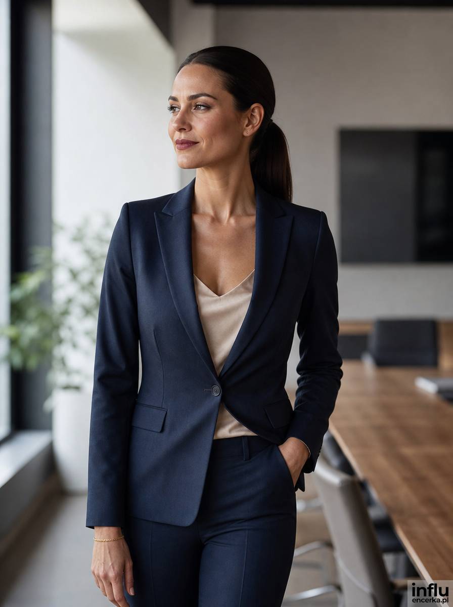 Granatowy power suit jako formalna stylizacja do pracy
