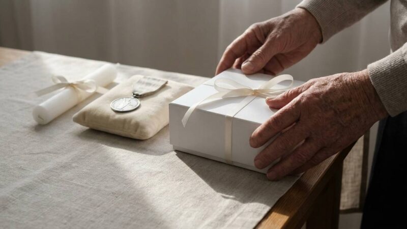 Dłonie dziadków układające prezent na chrzest wnuka obok srebrnego medalika i świecy