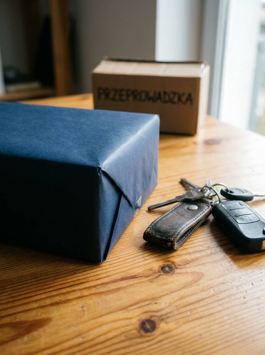 Zawinięty prezent obok kluczyków samochodowych symbolizujący praktyczny wybór na 18 urodziny dla kolegi