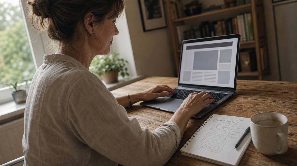 Osoba projektująca układ strony internetowej na laptopie przy biurku z notatnikiem
