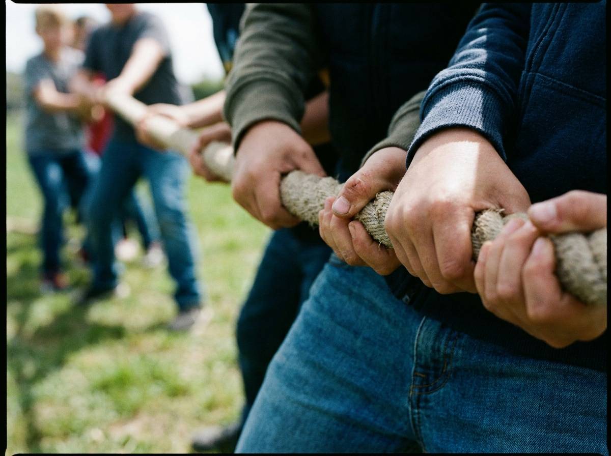 Przeciąganie liny jako drużynowa zabawa dla dzieci na weselu