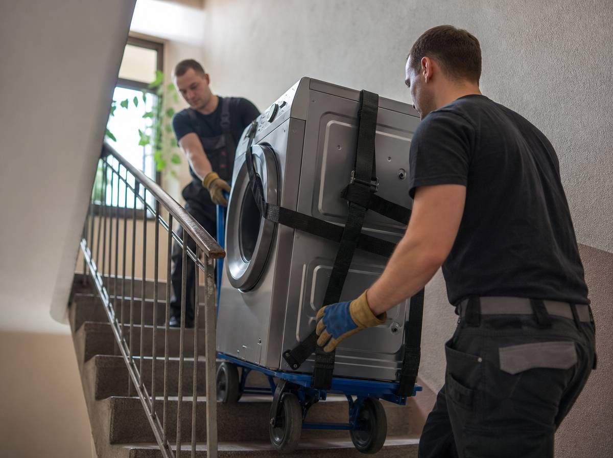 Dwie osoby przenoszą ciężką pralkę na wózku po wąskich schodach