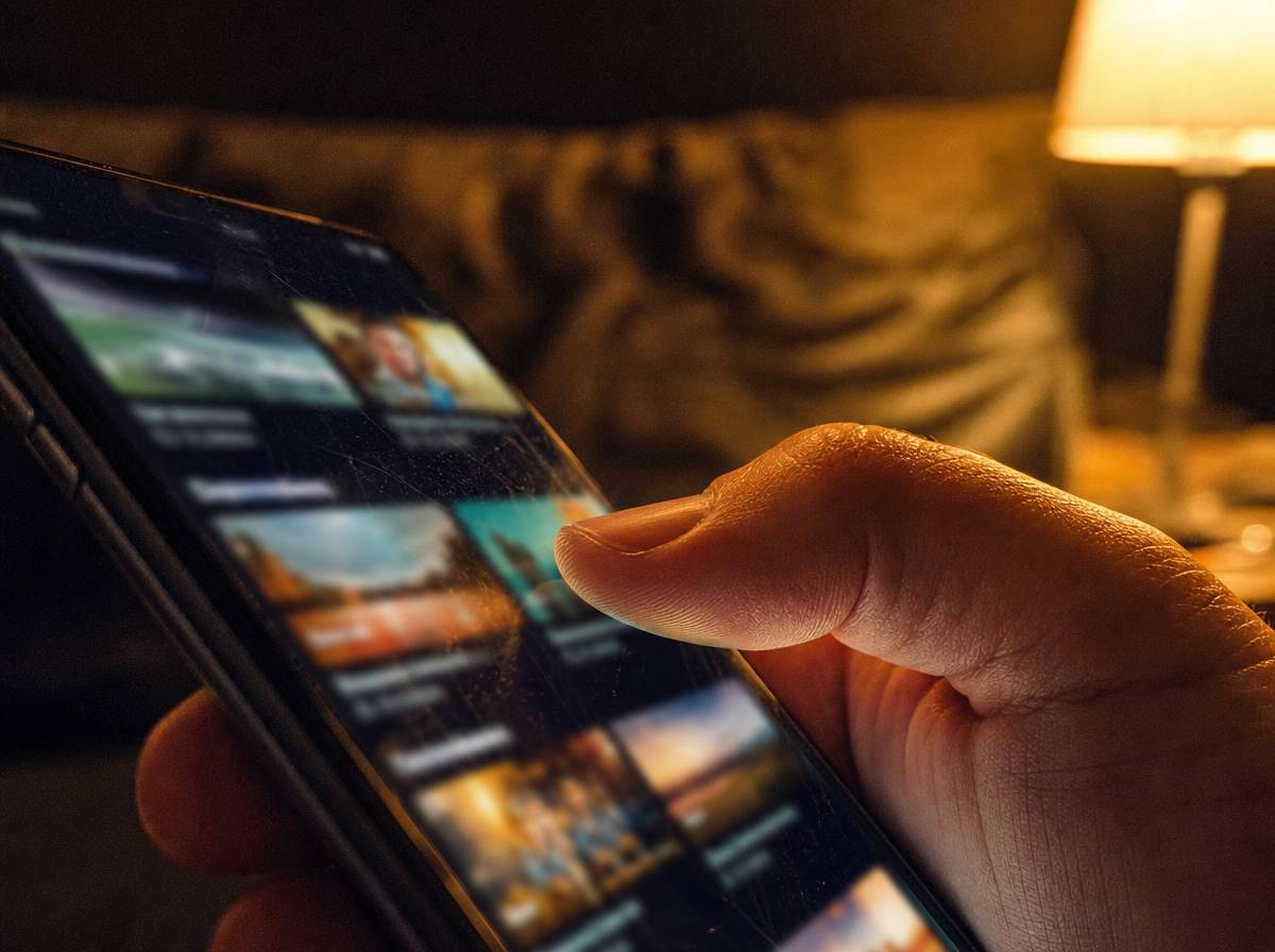 Kciuk przesuwający ekran telefonu z rozmytym feedem treści w social media