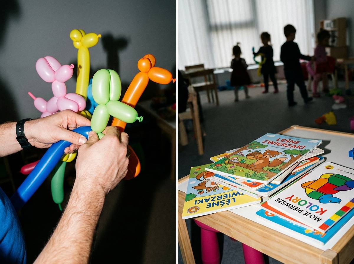Przygotowanie kącika zabaw dla dzieci na wesele - balony i kolorowanki na stoliku