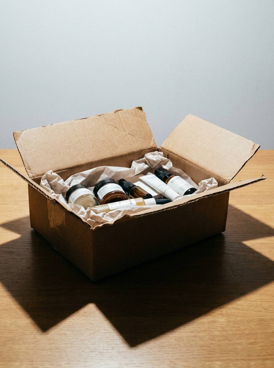 Otwarte pudełko subskrypcyjne z produktami owiniętymi w bibułę