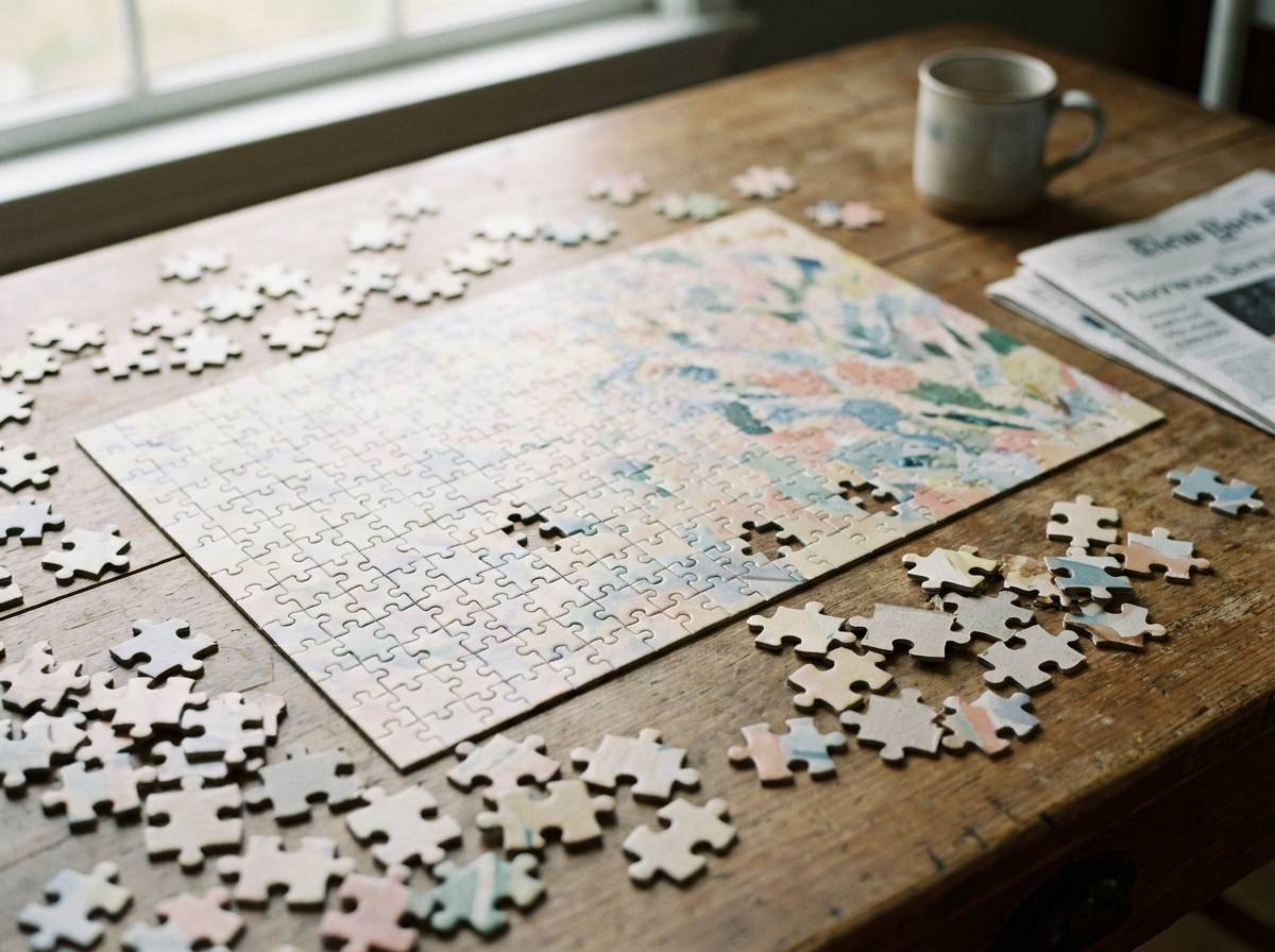 Duże puzzle rozłożone na stole jako spokojna zabawa dla dzieci na wesele
