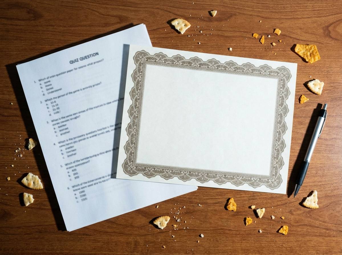 Kartka z pytaniami quizu i pamiątkowy certyfikat przyszłej mamy na baby shower