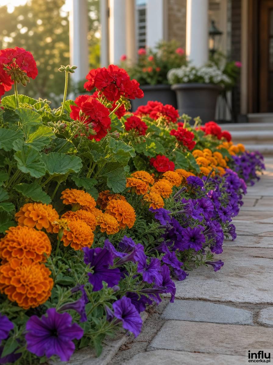 Rabata z aksamitek, pelargonii i surfinii wzdłuż ścieżki do wejścia