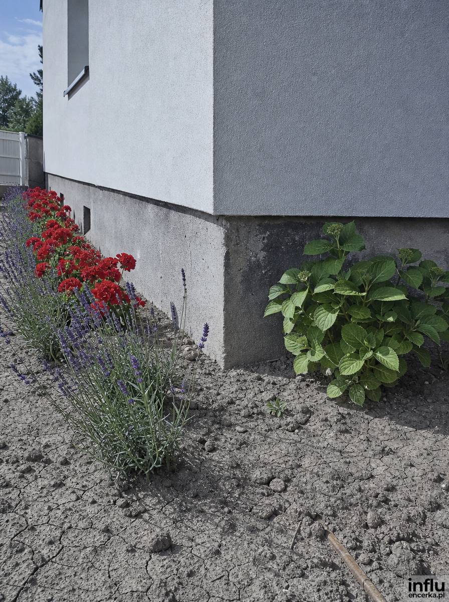 Rabata przy domu podzielona na strefę słoneczną i cienistą - dobór kwiatów do warunków
