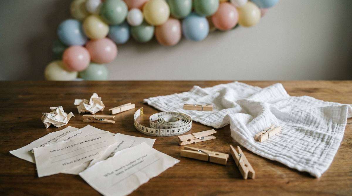 Rekwizyty do zabaw na baby shower rozłożone na stole z girlandą balonową w tle