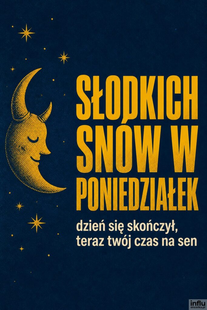 Sitodrukowy księżyc i gwiazdy w granacie i musztardzie z napisem „SŁODKICH SNÓW W PONIEDZIAŁEK”.