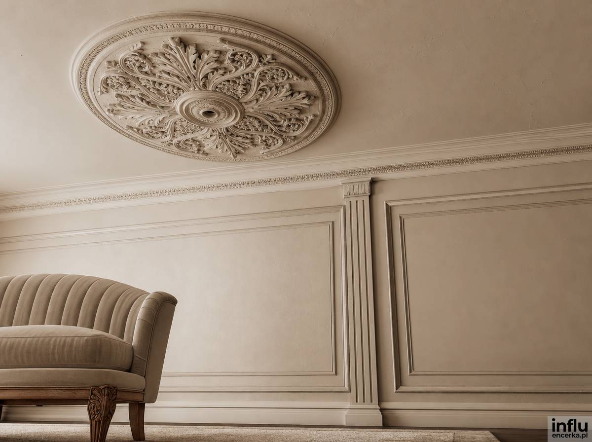 Rozeta i pilaster w stylu pałacowym na ścianie klasycznej sypialni